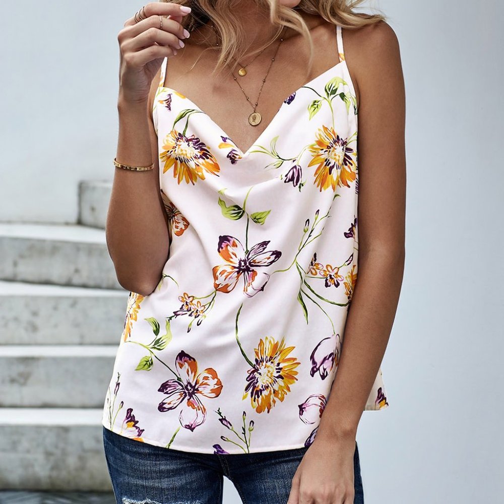 Floral Print Hammock Neckline Spaghetti Straps Top